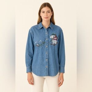 Bobby Brooks Denim Shirt Holiday Bear Penguin Long Sleeve Cotton Size 12